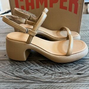 Camper Thelma Tan Sandals with Chunky Heel and Ankle Strap brown sz 37